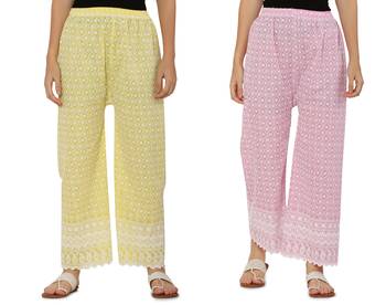 Chikankari Cotton Plazzo Pant Combo Yellow , Baby Pink Free Size 3
