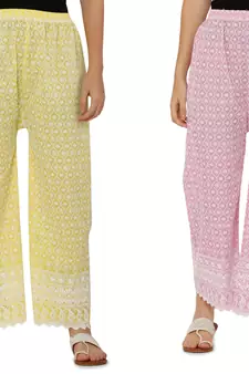 Chikankari Cotton Plazzo Pant Combo Yellow , Baby Pink Free Size