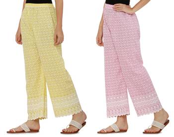 Chikankari Cotton Plazzo Pant Combo Yellow , Baby Pink Free Size 4