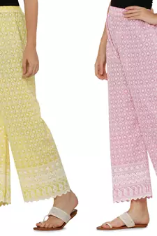 Chikankari Cotton Plazzo Pant Combo Yellow , Baby Pink Free Size