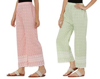 Chikankari Cotton Plazzo Pant Combo Peach , Mint Green Free Size 1
