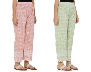 Chikankari Cotton Plazzo Pant Combo Peach , Mint Green Free Size 3
