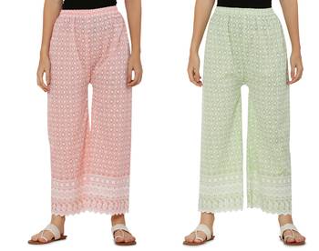 Chikankari Cotton Plazzo Pant Combo Peach , Mint Green Free Size 4