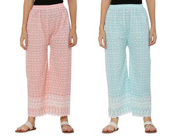 Chikankari Cotton Plazzo Pant Combo Peach , Aqua Blue Free Size 1