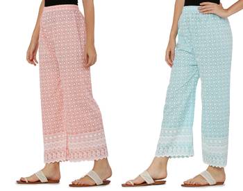 Chikankari Cotton Plazzo Pant Combo Peach , Aqua Blue Free Size 2