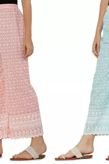 Chikankari Cotton Plazzo Pant Combo Peach , Aqua Blue Free Size