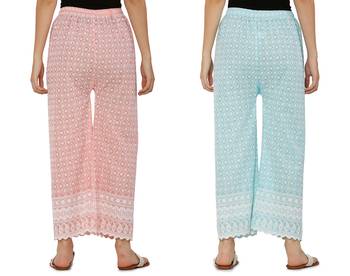 Chikankari Cotton Plazzo Pant Combo Peach , Aqua Blue Free Size 3