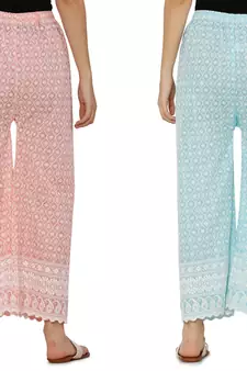 Chikankari Cotton Plazzo Pant Combo Peach , Aqua Blue Free Size