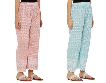 Chikankari Cotton Plazzo Pant Combo Peach , Aqua Blue Free Size 4