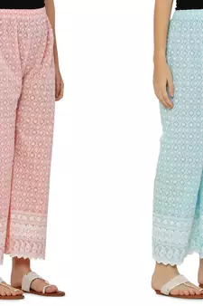 Chikankari Cotton Plazzo Pant Combo Peach , Aqua Blue Free Size