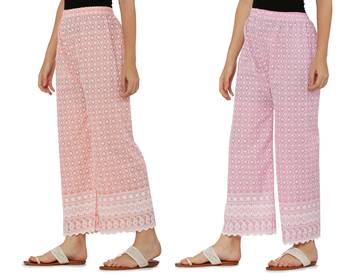 Chikankari Cotton Plazzo Pant Combo Peach , Baby Pink Free Size 1