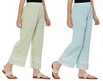 Chikankari Cotton Plazzo Pant Combo Mint Green , Aqua Blue Free Size 2