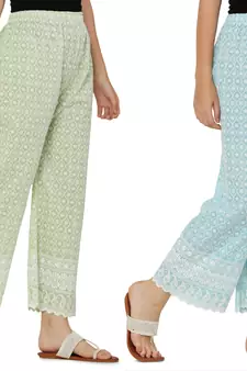 Chikankari Cotton Plazzo Pant Combo Mint Green , Aqua Blue Free Size