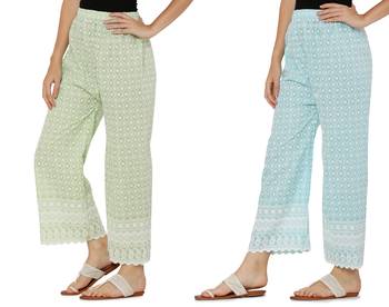 Chikankari Cotton Plazzo Pant Combo Mint Green , Aqua Blue Free Size 3