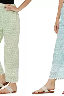 Chikankari Cotton Plazzo Pant Combo Mint Green , Aqua Blue Free Size