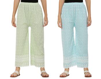 Chikankari Cotton Plazzo Pant Combo Mint Green , Aqua Blue Free Size 4