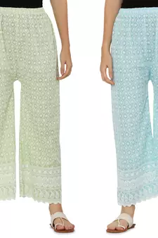 Chikankari Cotton Plazzo Pant Combo Mint Green , Aqua Blue Free Size