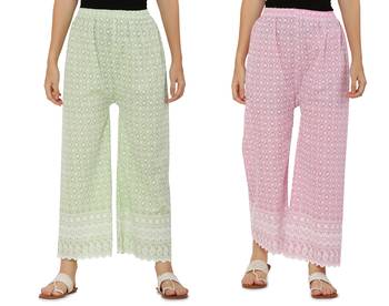 Chikankari Cotton Plazzo Pant Combo Mint Green , Baby Pink Free Size 1