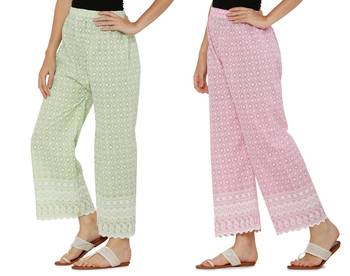 Chikankari Cotton Plazzo Pant Combo Mint Green , Baby Pink Free Size 2