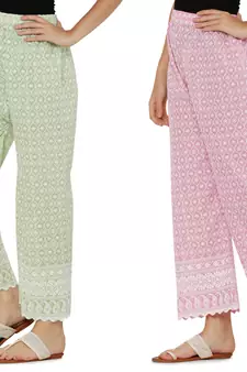 Chikankari Cotton Plazzo Pant Combo Mint Green , Baby Pink Free Size