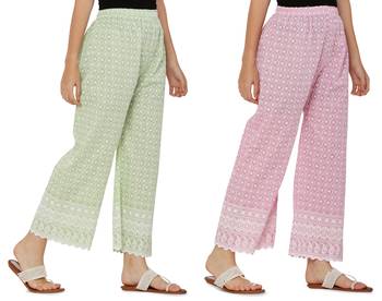 Chikankari Cotton Plazzo Pant Combo Mint Green , Baby Pink Free Size 3