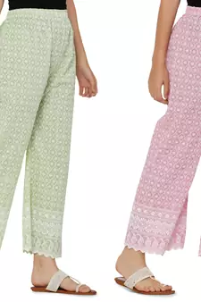 Chikankari Cotton Plazzo Pant Combo Mint Green , Baby Pink Free Size