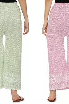 Chikankari Cotton Plazzo Pant Combo Mint Green , Baby Pink Free Size