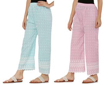 Chikankari Cotton Plazzo Pant Combo Aqua Blue , Baby Pink Free Size 1