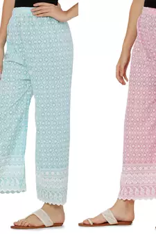 Chikankari Cotton Plazzo Pant Combo Aqua Blue , Baby Pink Free Size