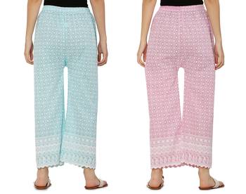 Chikankari Cotton Plazzo Pant Combo Aqua Blue , Baby Pink Free Size 2