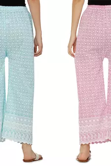 Chikankari Cotton Plazzo Pant Combo Aqua Blue , Baby Pink Free Size