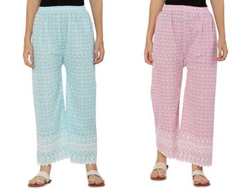 Chikankari Cotton Plazzo Pant Combo Aqua Blue , Baby Pink Free Size 3