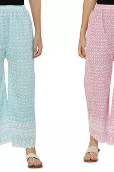 Chikankari Cotton Plazzo Pant Combo Aqua Blue , Baby Pink Free Size
