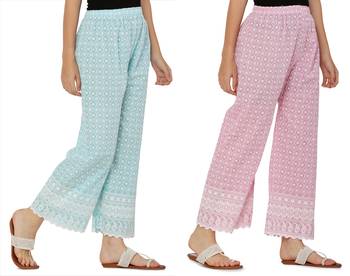 Chikankari Cotton Plazzo Pant Combo Aqua Blue , Baby Pink Free Size 4