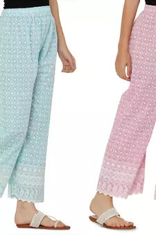 Chikankari Cotton Plazzo Pant Combo Aqua Blue , Baby Pink Free Size