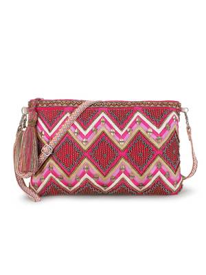 Ghoomar Pink & Copper Cotton Jacquard Chevron Embellished Sling Bag 1