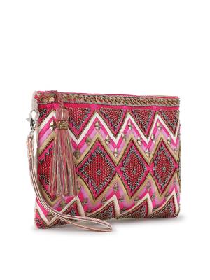 Ghoomar Pink & Copper Cotton Jacquard Chevron Embellished Sling Bag 2