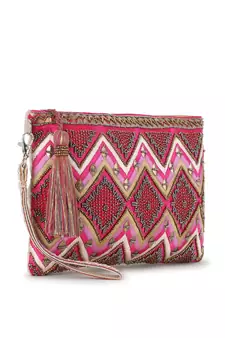 Ghoomar Pink & Copper Cotton Jacquard Chevron Embellished Sling Bag