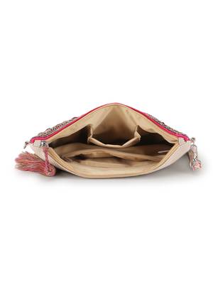 Ghoomar Pink & Copper Cotton Jacquard Chevron Embellished Sling Bag 4