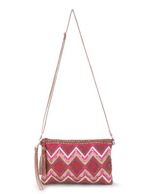 Ghoomar Pink & Copper Cotton Jacquard Chevron Embellished Sling Bag 5