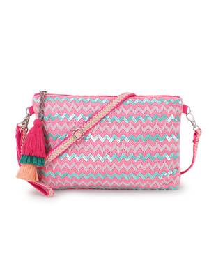 Ghoomar Pink & Multi Cotton Jacquard Chevron Embellished Sling Bag 1