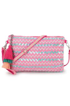 Ghoomar Pink & Multi Cotton Jacquard Chevron Embellished Sling Bag