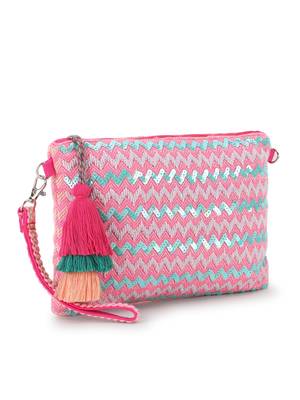 Ghoomar Pink & Multi Cotton Jacquard Chevron Embellished Sling Bag 2
