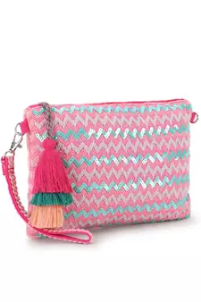 Ghoomar Pink & Multi Cotton Jacquard Chevron Embellished Sling Bag