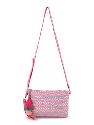 Ghoomar Pink & Multi Cotton Jacquard Chevron Embellished Sling Bag 5