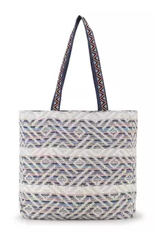 Boho Natural & Multi Acrylic Jacquard Striped Self Design Tote Bag