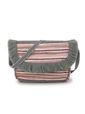 Geomat Grey & Multi Acrylic Jacquard & Canvas Striped Sling Bag 1