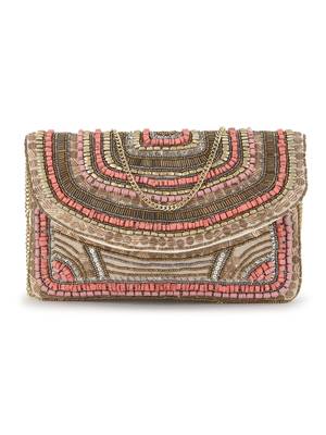 Anekaant Boho Beige & Dusky Pink Cotton Canvas Striped Embellished Sling Bag 1