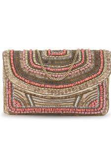 Anekaant Boho Beige & Dusky Pink Cotton Canvas Striped Embellished Sling Bag