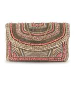 Anekaant Boho Beige & Dusky Pink Cotton Canvas Striped Embellished Sling Bag